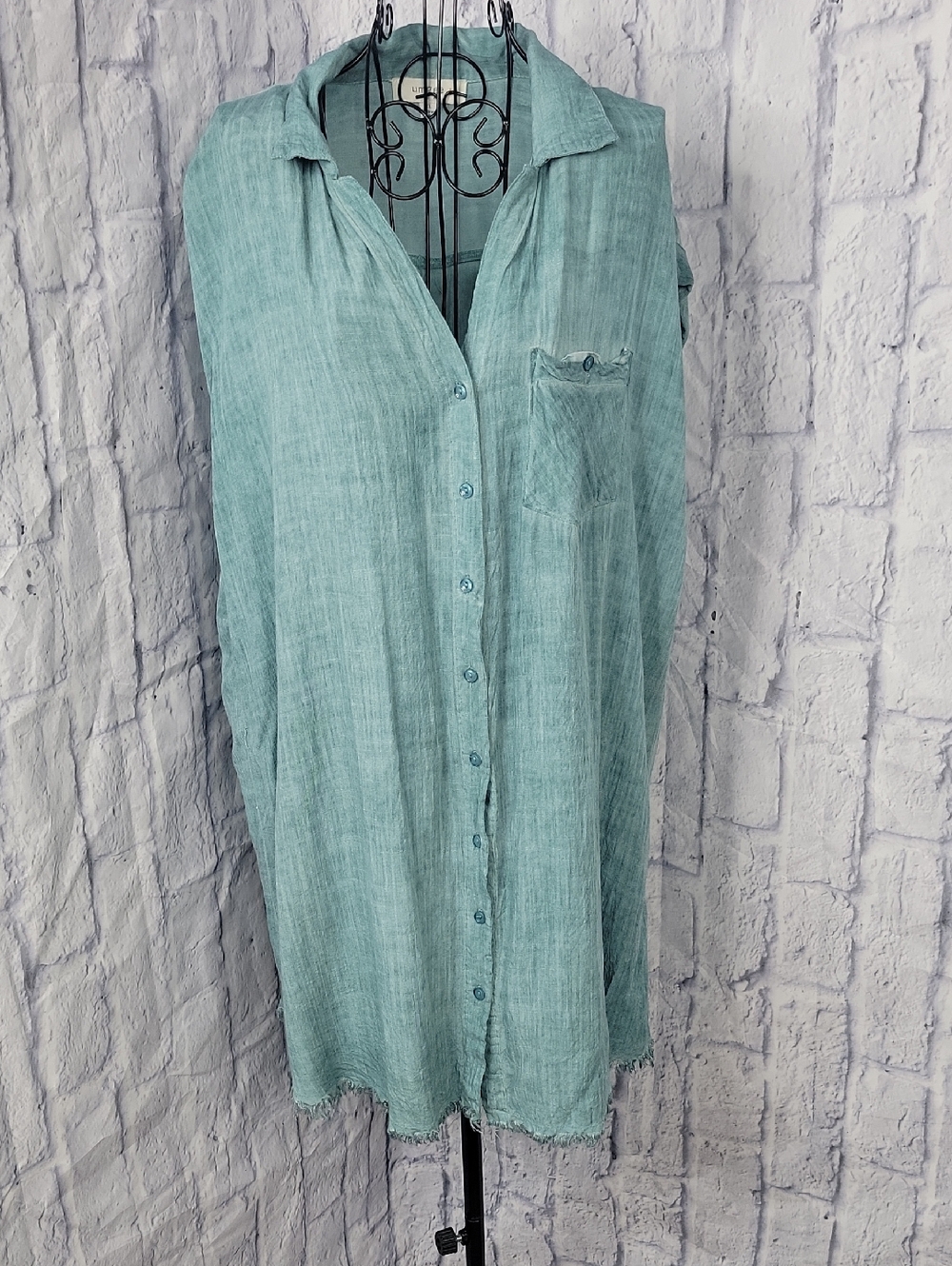 Umgee Button‎ Front Shirt Dress Teal Gauze Fray Hem Boho XL